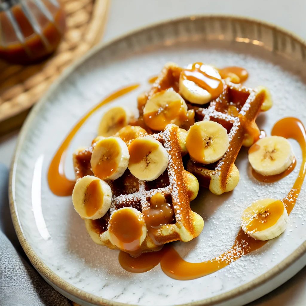 Diese köstlichen Bananenwaffeln sind ein süßer Genuss, verfeinert mit frischen Bananen und Karamellsauce.<br>**Empfohlene Beilagen** Karamellsauce, Puderzucker.<br>Dieses Rezept ist für 4 Portionen.